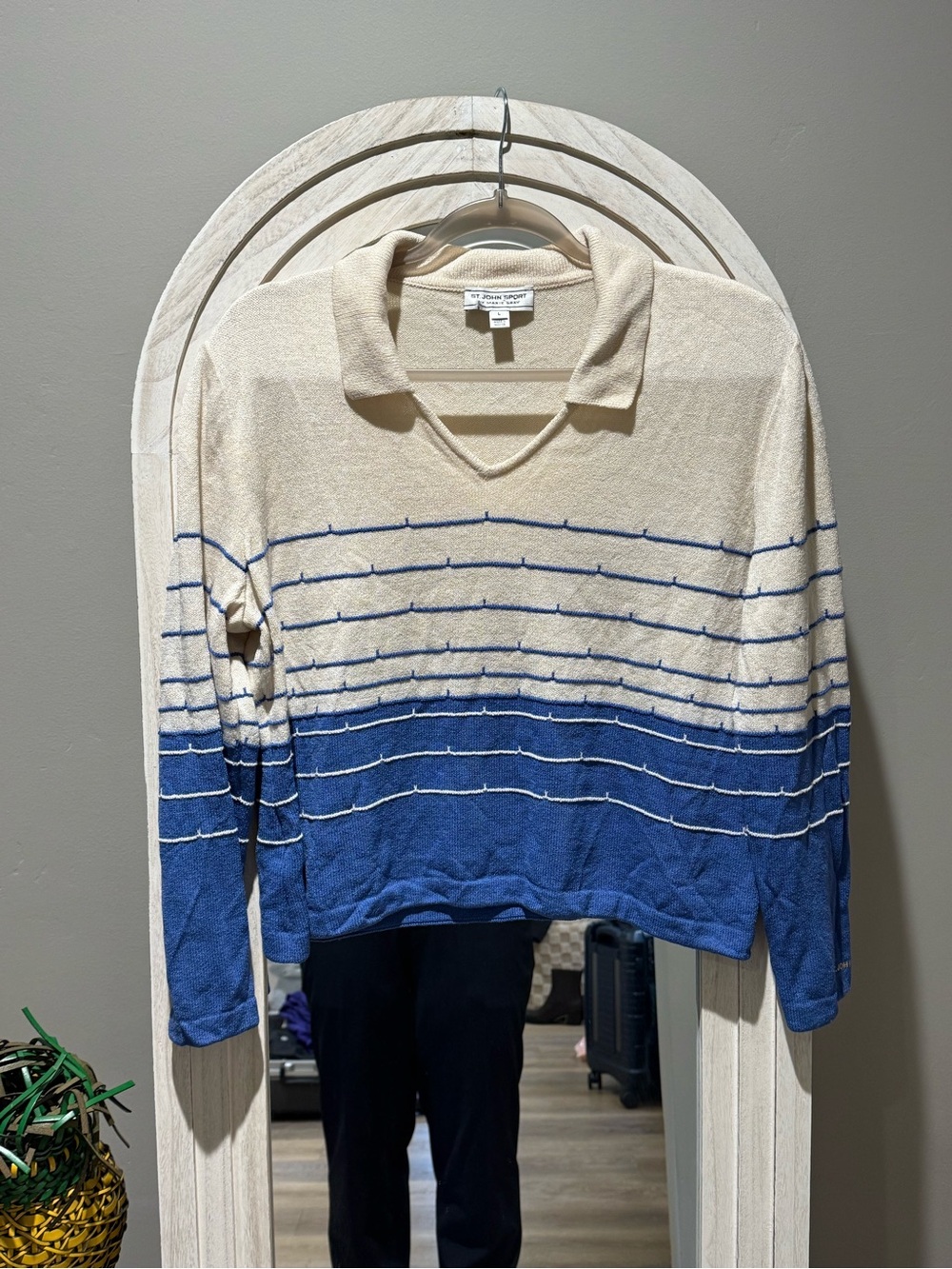 St. John Sport by Marie Gray Cream and Blue Striped V-Neck Sweater